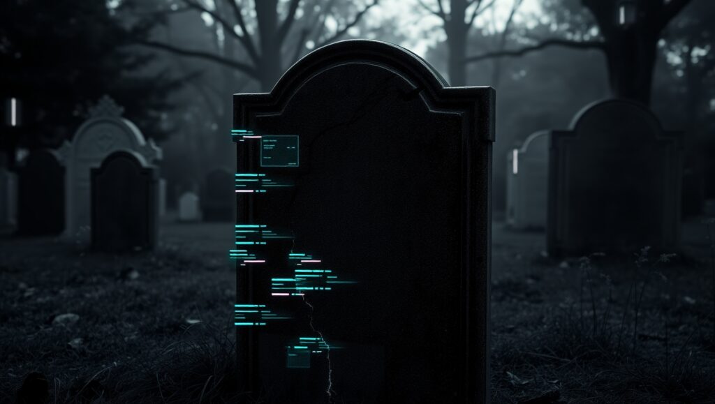 Pierre tombale noire sur fond de cimetière, traversée par des effets de glitch numérique, symbole d’un hommage absurde et digital.