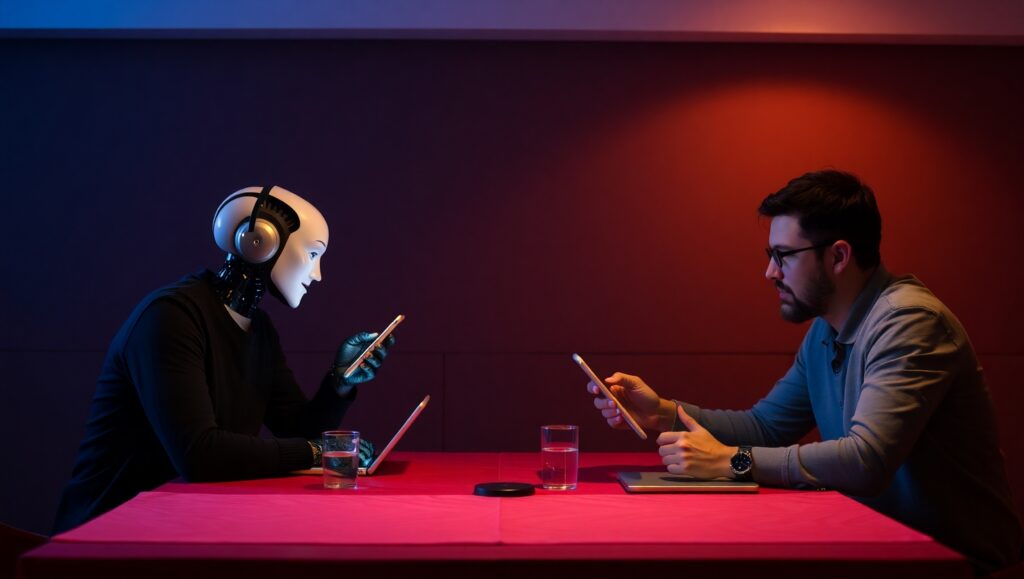 Dîner connecté : deux convives avec leurs IA, ambiance chaleureuse et glitchée