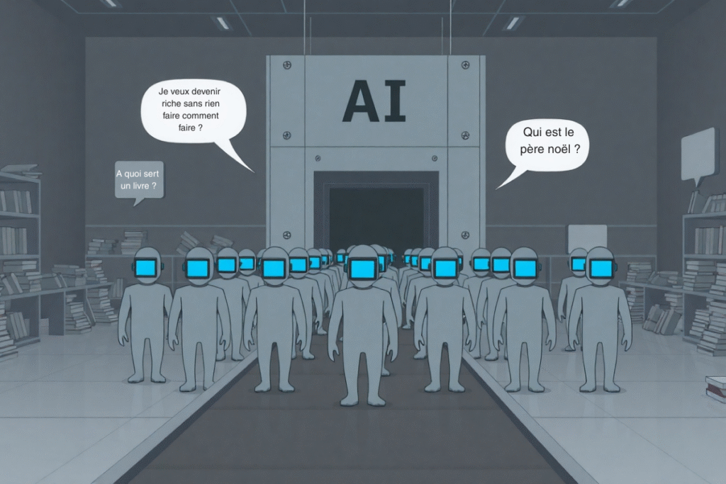 ilhouettes humaines grises identiques transportées sur un tapis roulant vers une machine « IA » ; à la sortie, écrans lumineux « Validée » sur le front, environnement stérile, livres abandonnés et bulles de dialogue en arrière-plan, illustration numérique surréaliste sur la perte de créativité.