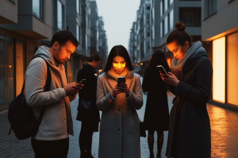 Piétons sur trottoir urbain, tête inclinée à 45 degrés, absorbés par leur smartphone, lumière d’écran sur le visage, ambiance froide.