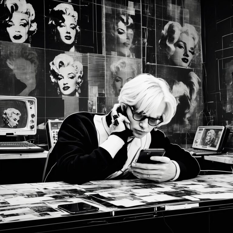 Andy avec son smartphone et les photos de Marilyn