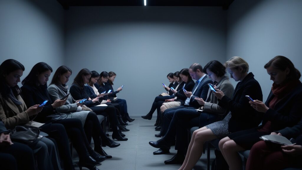 Intérieur sombre, plusieurs personnes assises côte à côte dans un salon chacune plongée dans son smartphone