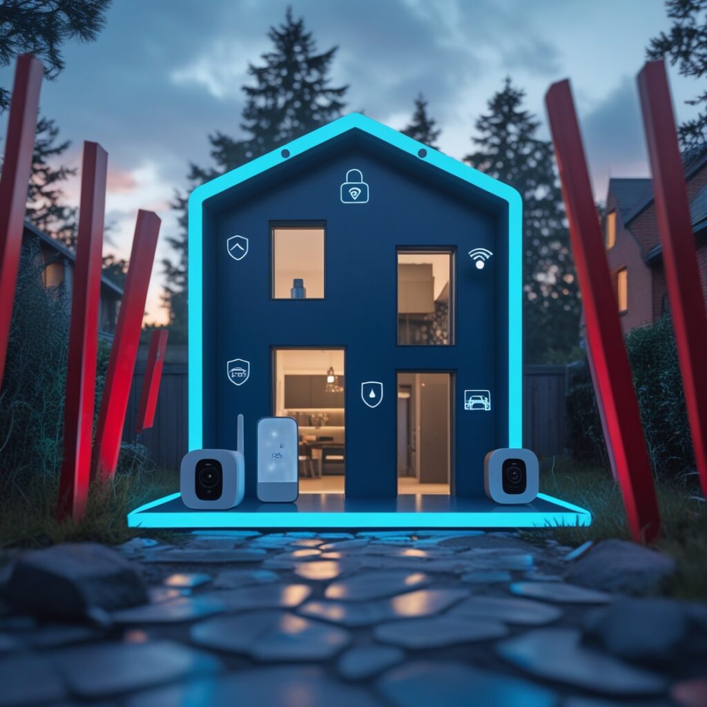 Maison moderne avec objets connectés protégés par un bouclier lumineux bleu, 
