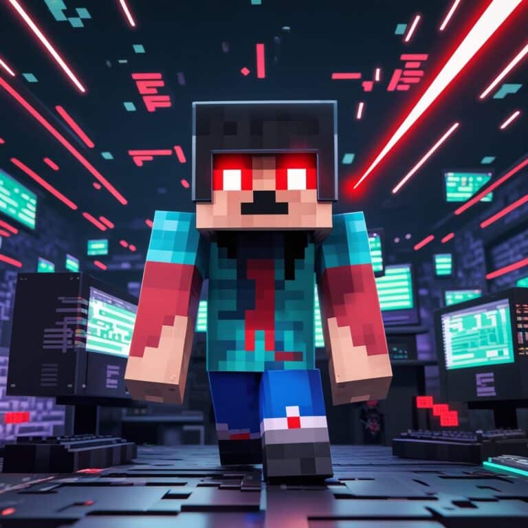 Personnage Minecraft pixelisé en capuche noire, yeux rouges laser, ambiance cyberpunk avec écrans d'ordinateur, code numérique flottant, style pixel art dystopique et futuriste.