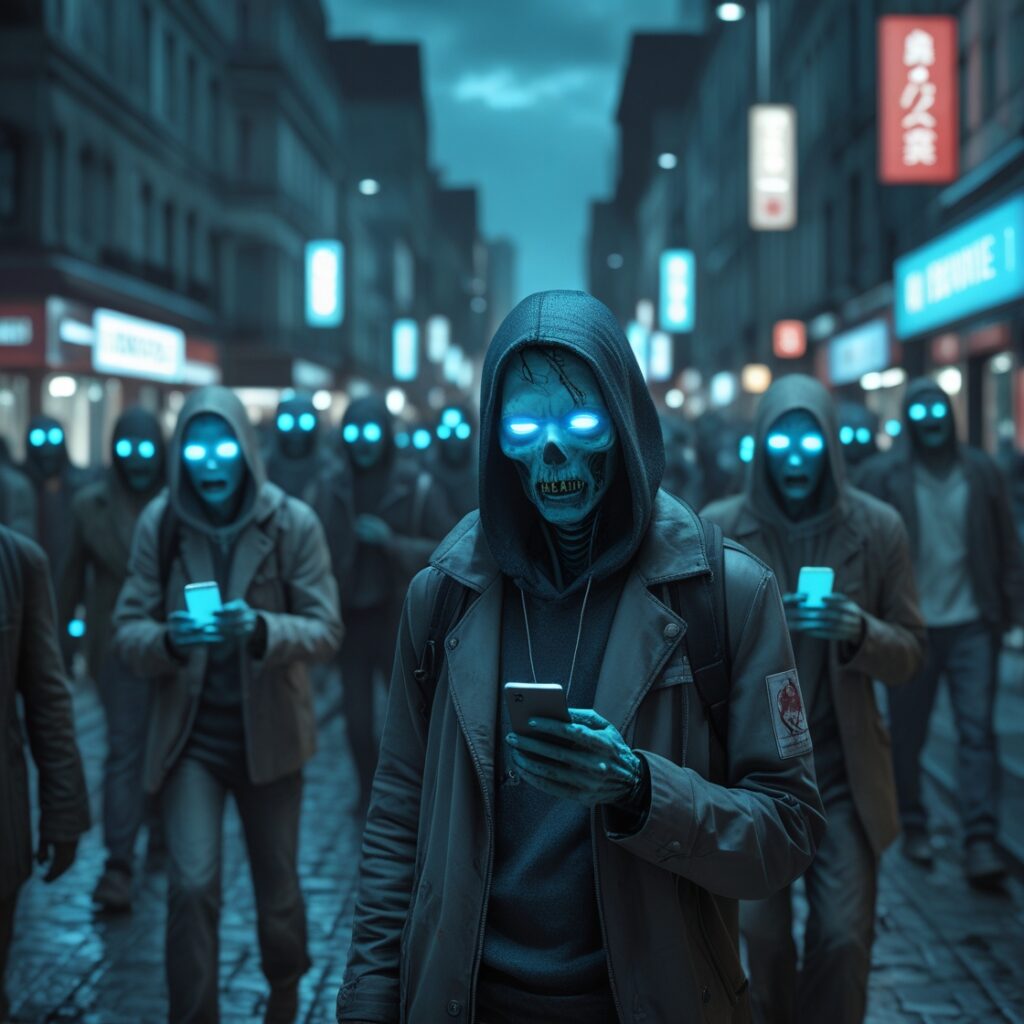 Foule d'humains-zombies ultra-connectés, yeux bleus-écran, smartphones greffés, errant dans une ville saturée de lumières d'écrans, scène urbaine surréaliste crépusculaire.