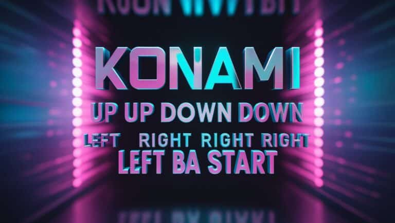 Logo officiel de Konami accompagné de la séquence du Konami Code représentée par des flèches directionnelles, B, A et Start sur fond rétro gaming.